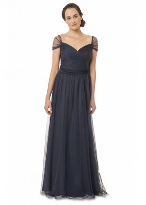 Navy Ruched Tulle Gorgeous Maxi Bridesmaid Dress